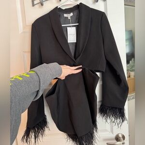 Black Feather-Cuff Cropped Blazer & Matching Skirt